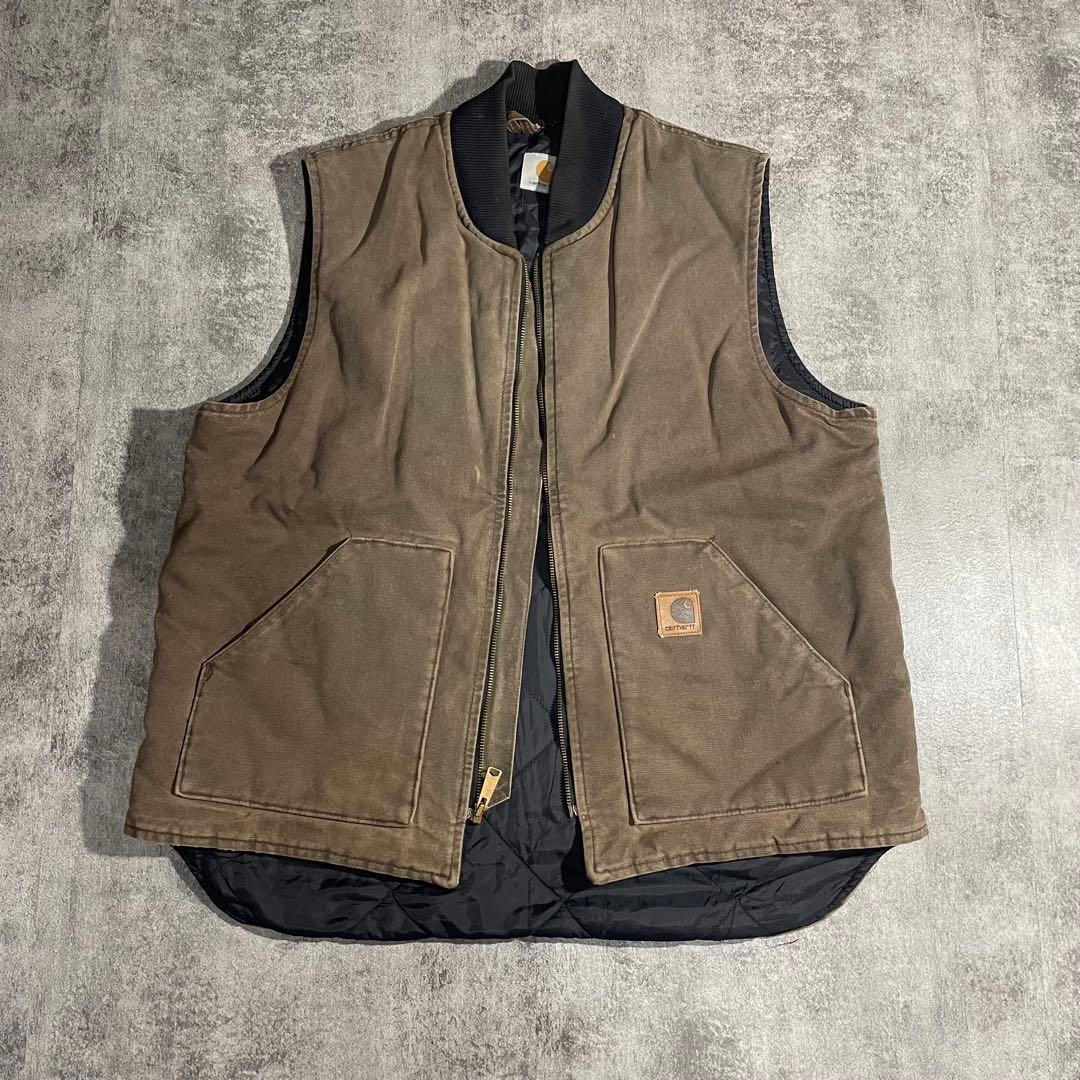 Carhartt ダックベスト古着キルティング ブラウン希少XLサイズ相当
