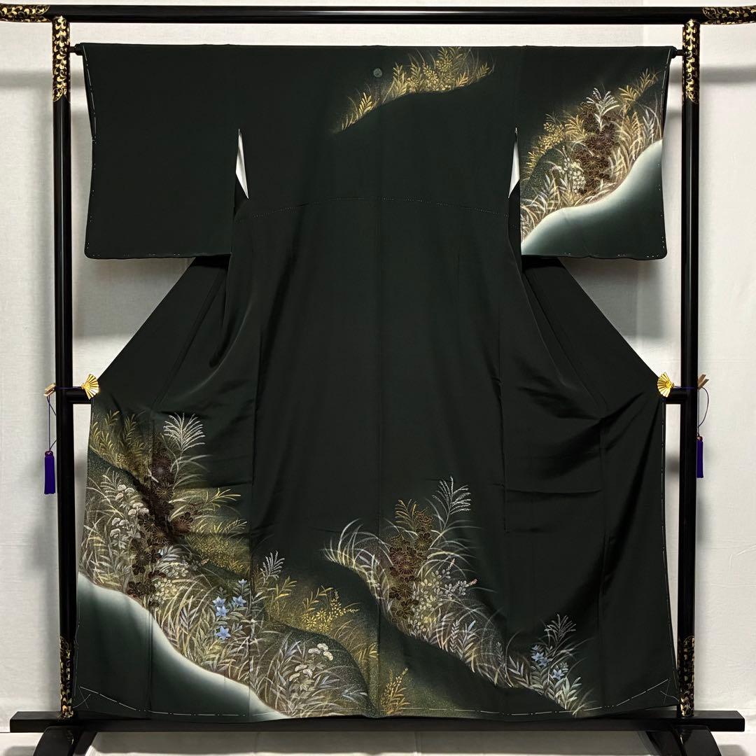 D101 訪問着 手描き花模様 縫い紋 正絹 着物 袷 しつけ糸付き未使用極美品