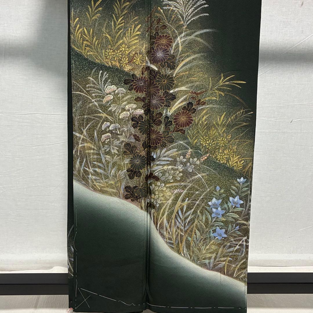 D101 訪問着 手描き花模様 縫い紋 正絹 着物 袷 しつけ糸付き未使用極美品