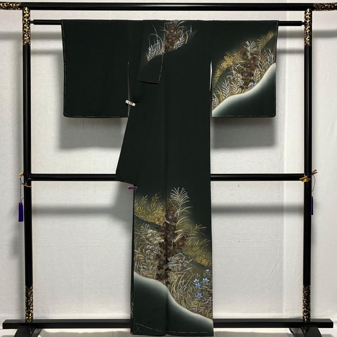 D101 訪問着 手描き花模様 縫い紋 正絹 着物 袷 しつけ糸付き未使用極美品