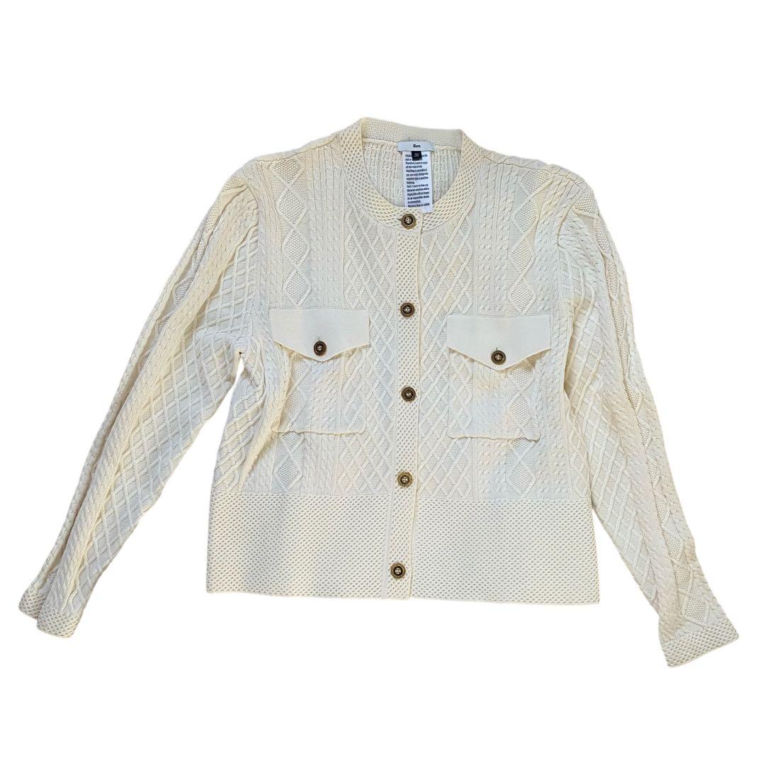 【美品】Sov. ソブ レーヨンナイロンダルケーブルニットジャケット 白