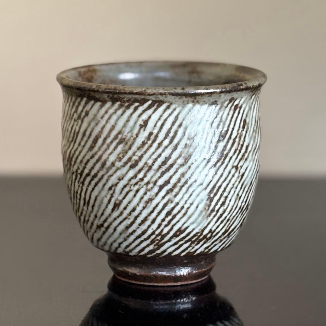 人間国宝 島岡達三 益子焼 象嵌湯呑 共箱 陶歴付 茶器 湯呑み 1客