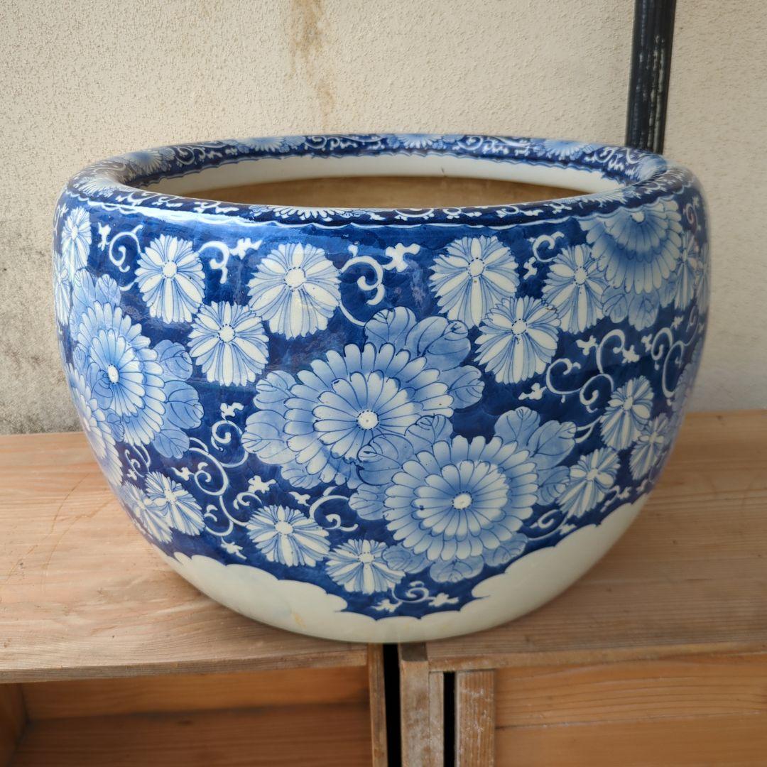 骨董 火鉢 染め付け モダン レトロ花 メダカ 睡蓮鉢 金魚 テーブル