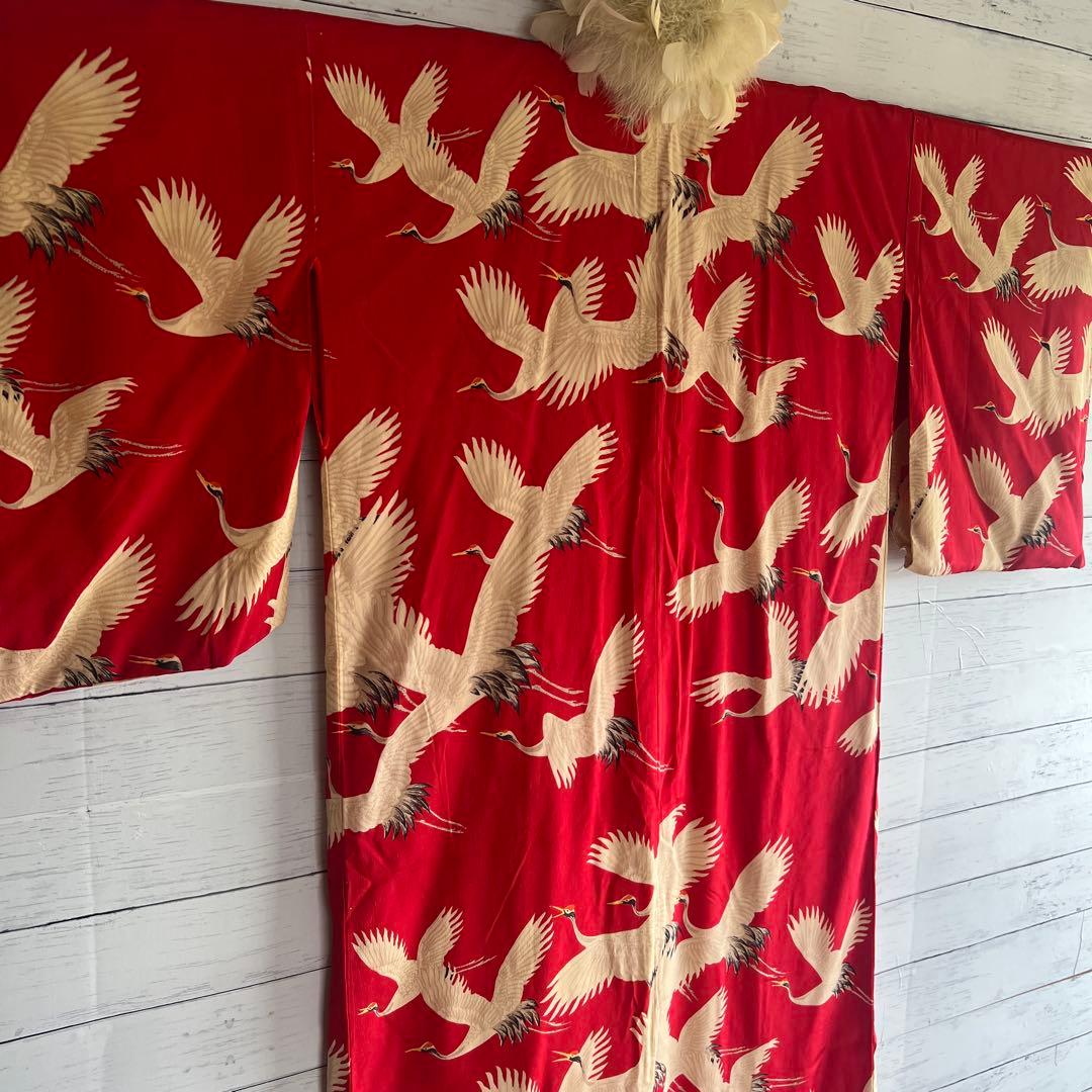 5944◆アンティーク長襦袢赤に鶴たちの乱舞時代物正絹艶やか大正浪漫レトロ
