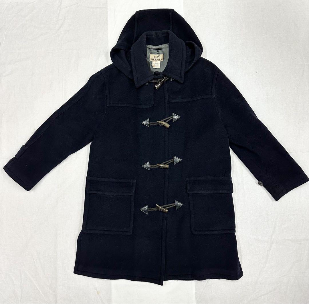 エルメス Lサイズ ダッフルコート ヘリンボーン ダークブルー フード脱着可能