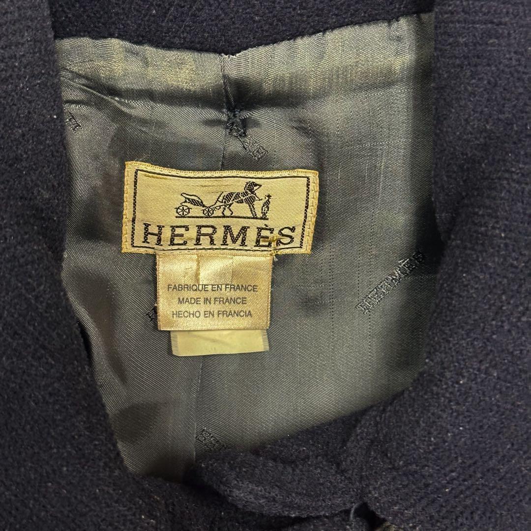 エルメス Lサイズ ダッフルコート ヘリンボーン ダークブルー フード脱着可能