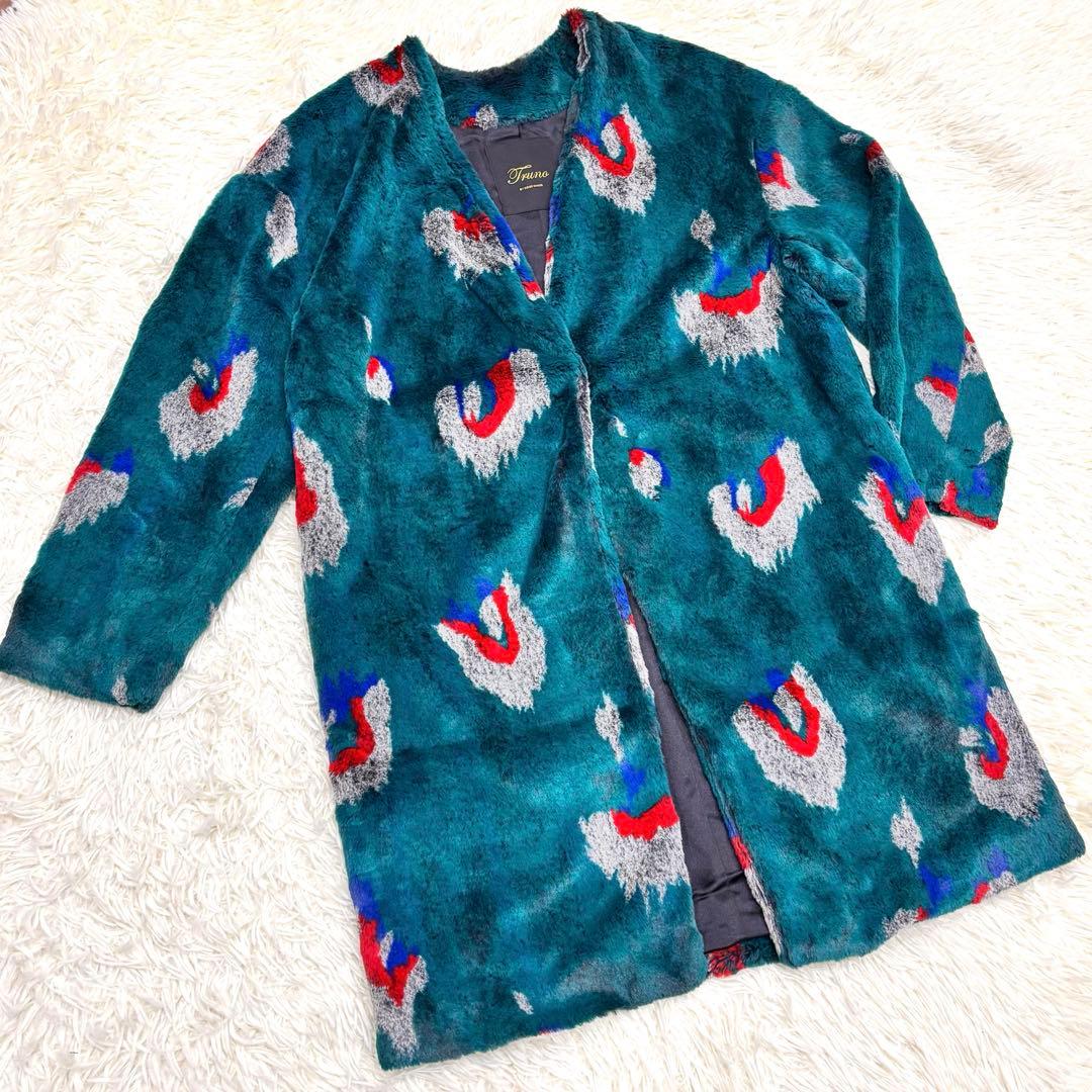 極美品✨TRUNO 総柄　高級ファーノーカラーコート孔雀柄 定価¥46,200