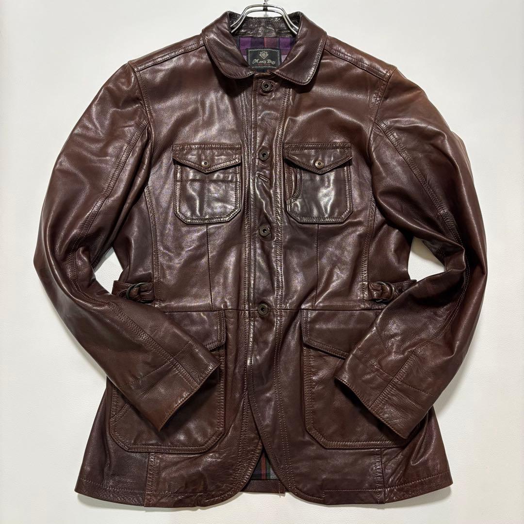 メンズビギ[羊革 XLサイズ]レザーテーラードジャケット 2way チェック柄