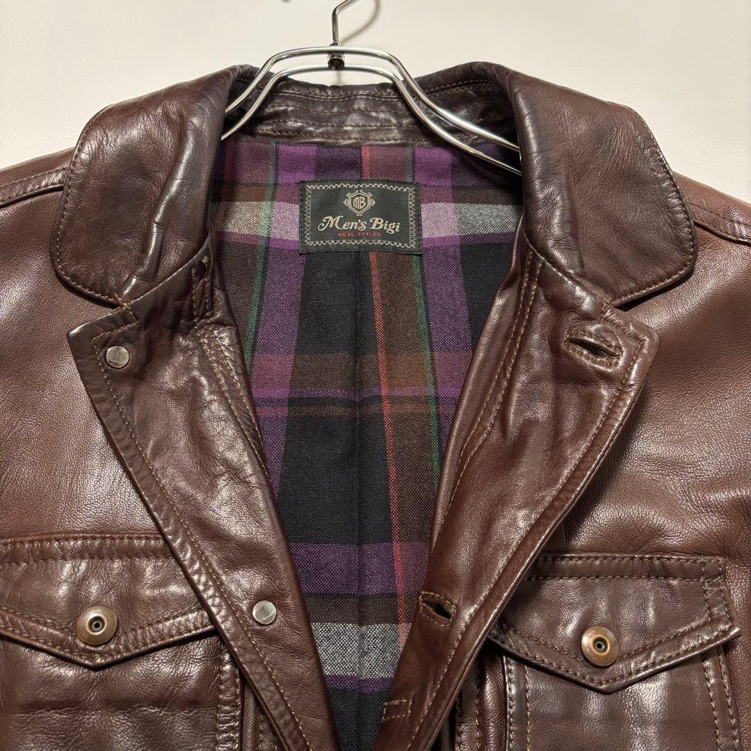 メンズビギ[羊革 XLサイズ]レザーテーラードジャケット 2way チェック柄