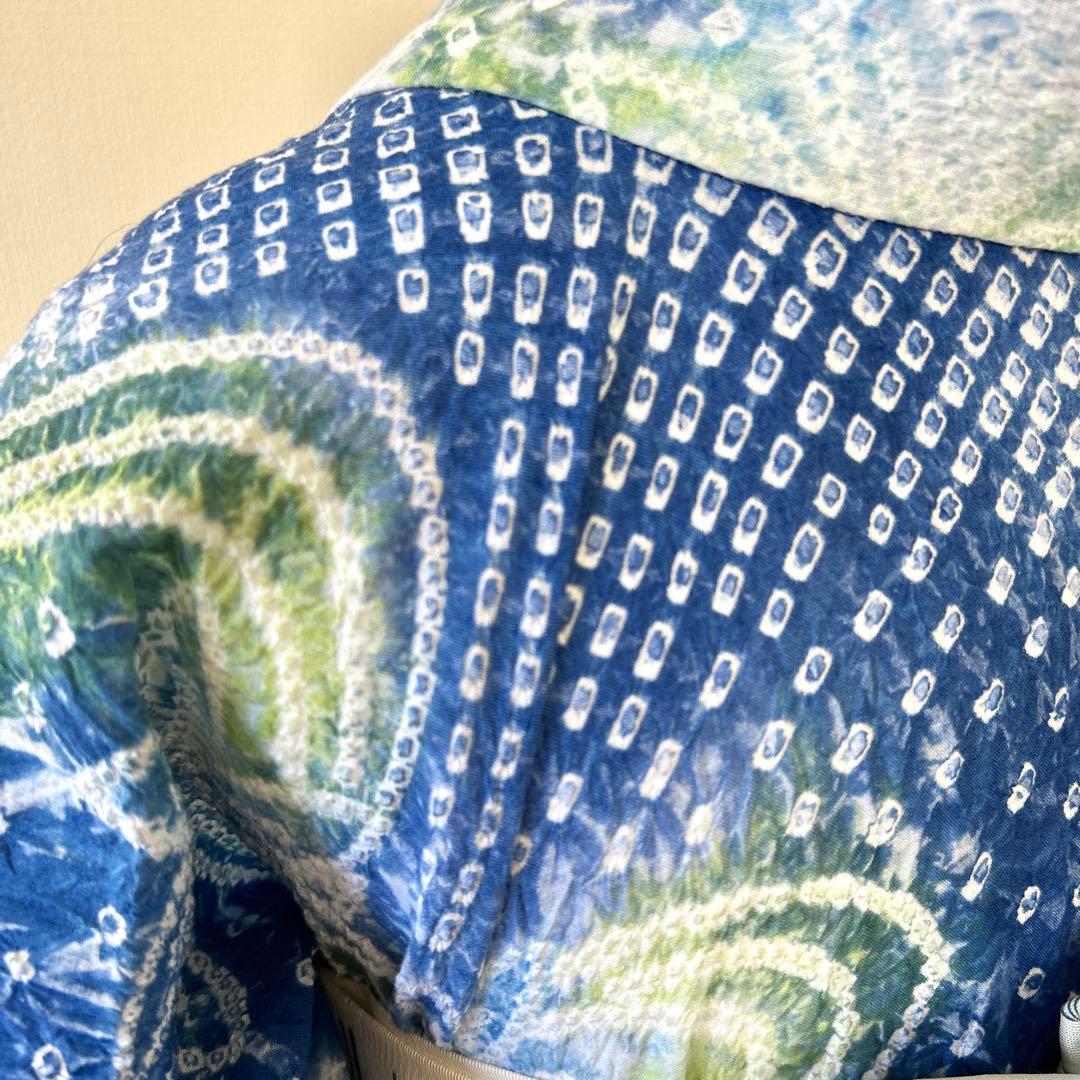 やまと謹製　裄70 有松絞り　絞り浴衣　花柄　藍色×白