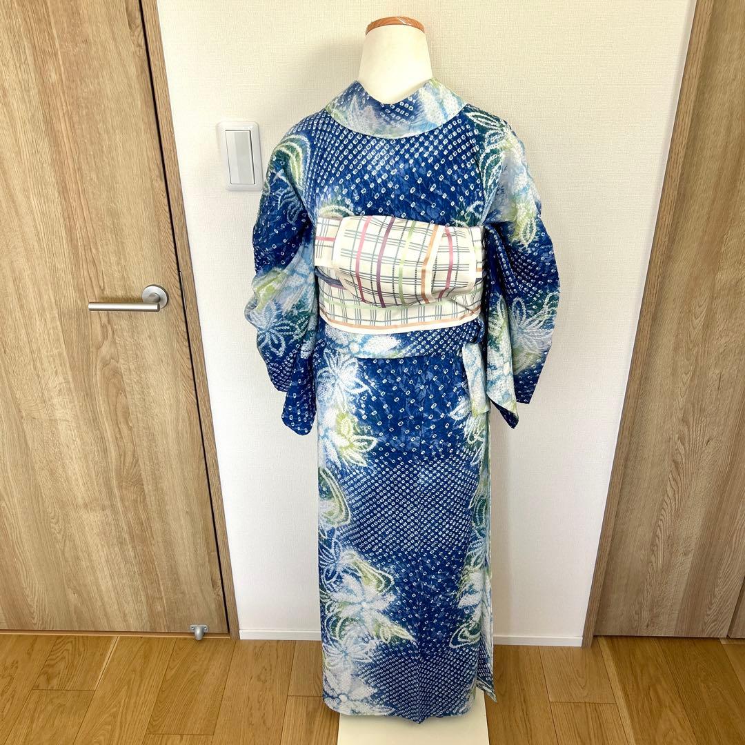 やまと謹製　裄70 有松絞り　絞り浴衣　花柄　藍色×白