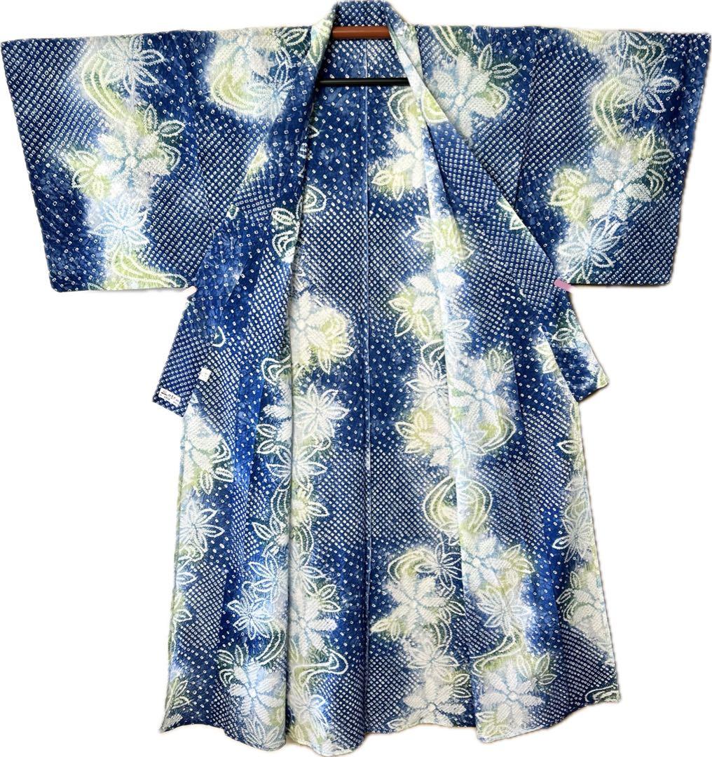 やまと謹製　裄70 有松絞り　絞り浴衣　花柄　藍色×白