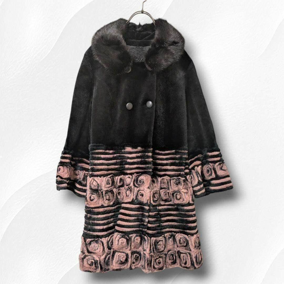 【希少】ミンク襟 × レッキスラビット 薔薇柄 リアルファーコート ピンク