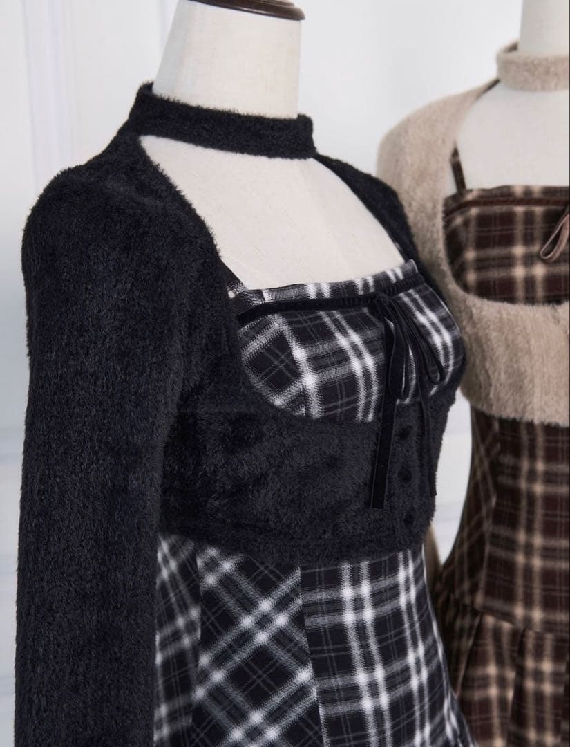 Bunnylis ファーボレロ×チェックミニワンピース ブラック