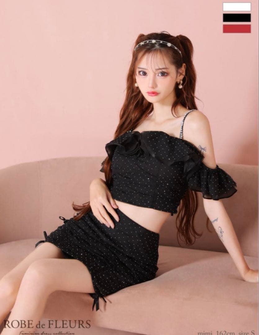 オフショルフリルチュールリボンセットアップ