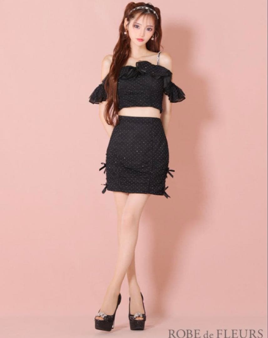 オフショルフリルチュールリボンセットアップ