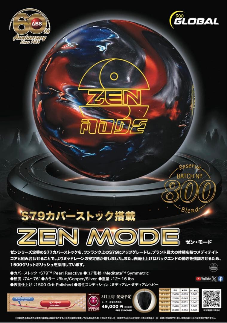 900 Global Zen Mode ボウリングボール 15ポンド