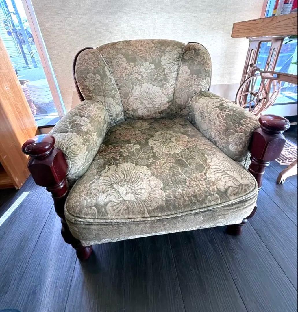 カリモク 1人掛けソファ アームチェア 花柄 ヴィンテージ　金華山織