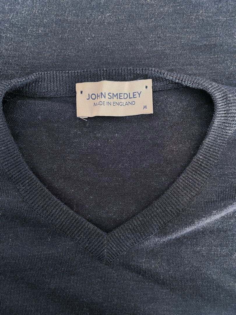 ジョンスメドレー　現行タグ　ニット　メリノウール　ネイビー　M　Vネック