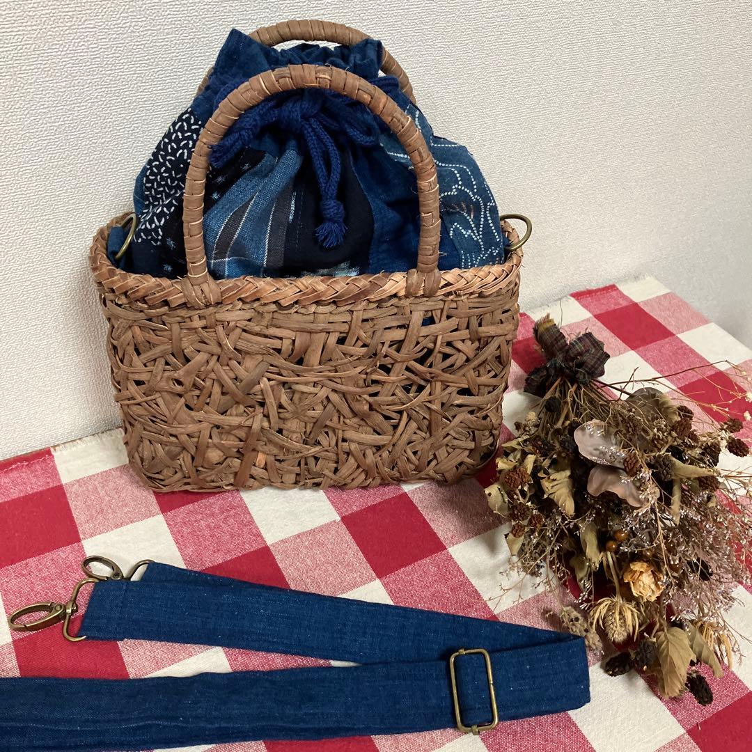 山葡萄国産かごバック手提げショルダー2way仕様藍染め型染め雪ん子縞木綿