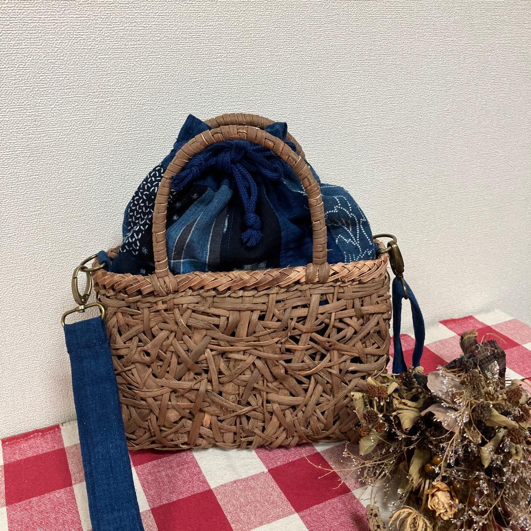 山葡萄国産かごバック手提げショルダー2way仕様藍染め型染め雪ん子縞木綿