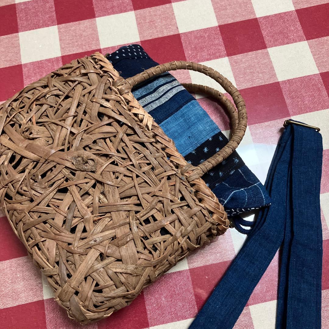 山葡萄国産かごバック手提げショルダー2way仕様藍染め型染め雪ん子縞木綿