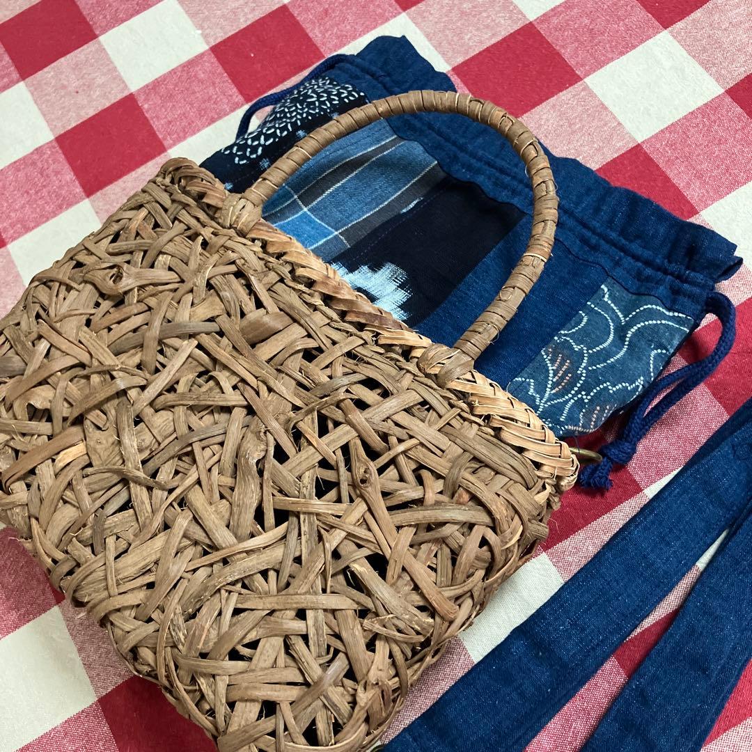 山葡萄国産かごバック手提げショルダー2way仕様藍染め型染め雪ん子縞木綿