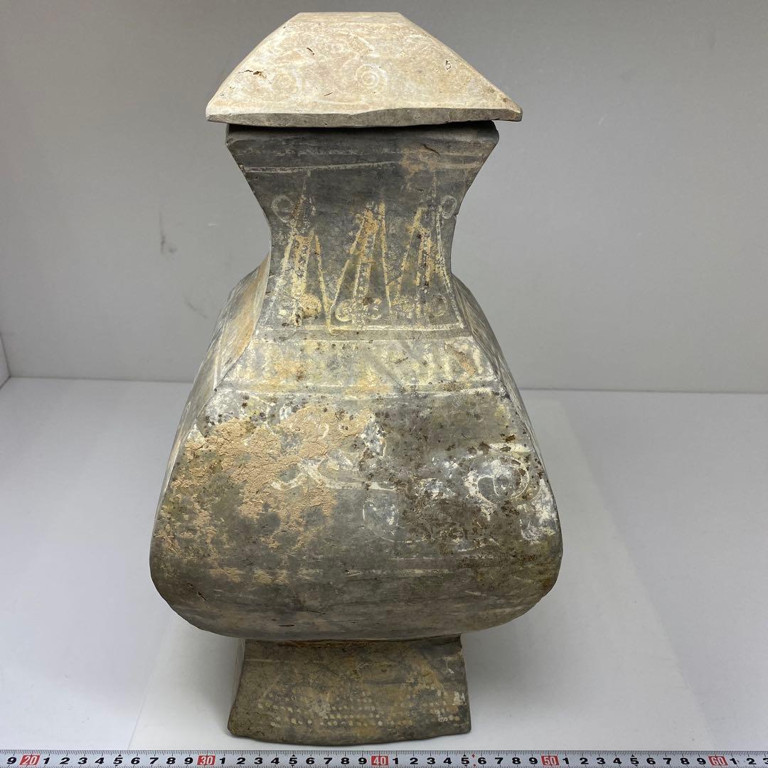 専用中国漢時代　灰陶蓋付　加彩方壷　高さ39.7㎝　タエサカ　東な7-0301②