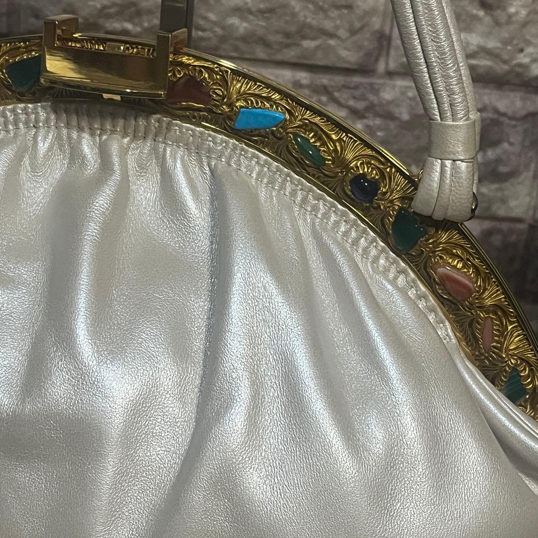 希少☆美品☆本革濱野皮革工藝 HAMANOがま口貴石 サンピエトロ ハンドバッグ