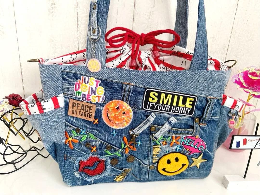 デニムリメイクバックM お花し刺繍ニコちゃん