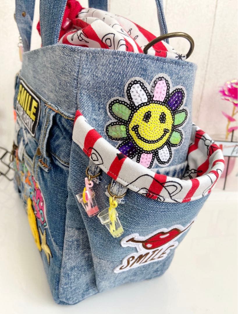 デニムリメイクバックM お花し刺繍ニコちゃん