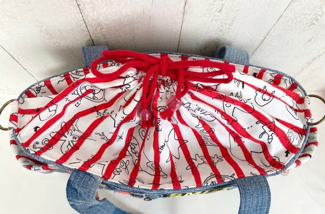 デニムリメイクバックM お花し刺繍ニコちゃん