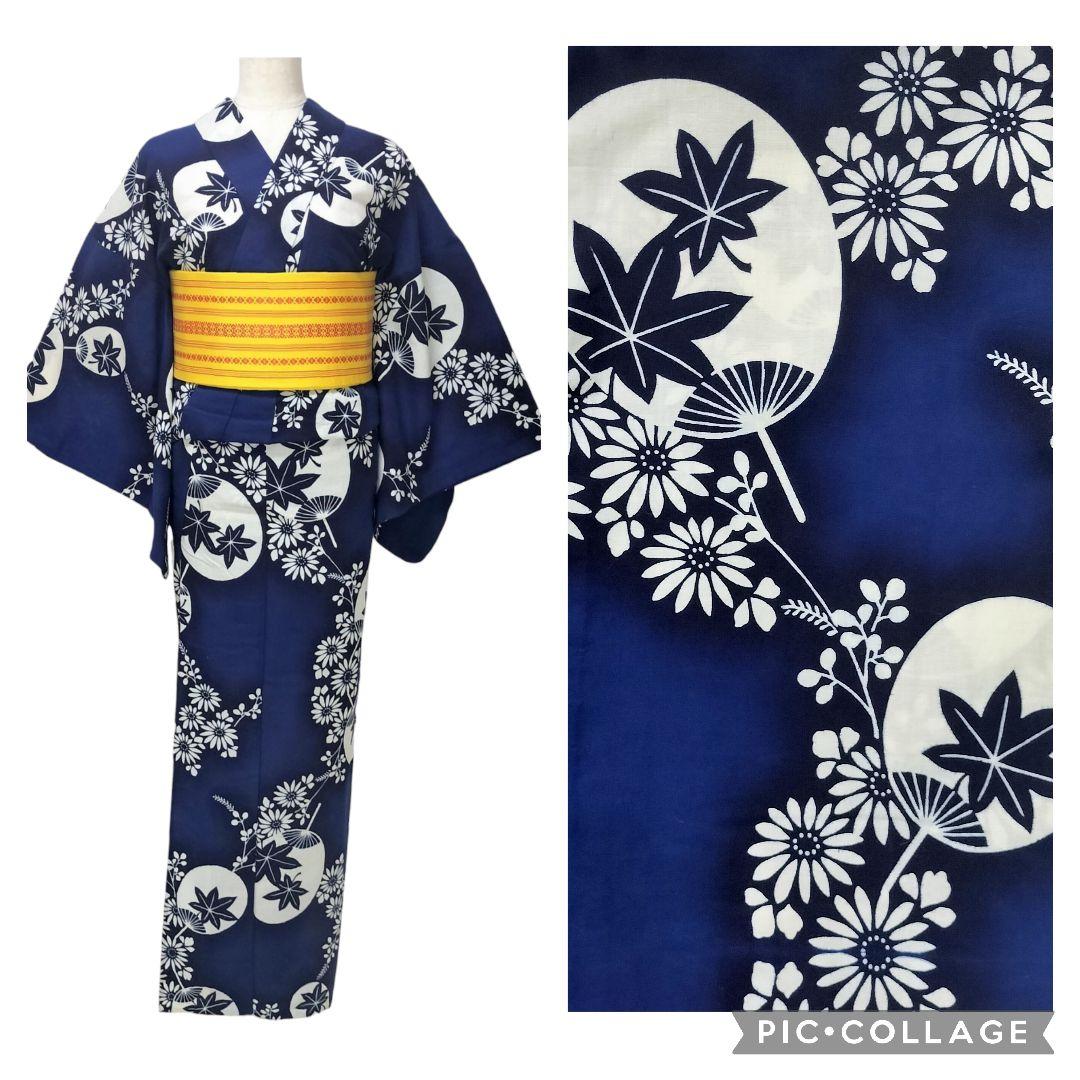 【浴衣】花に団扇模様　楓　藍染 注染　紺　青　ネイビー レトロ　古典 綿