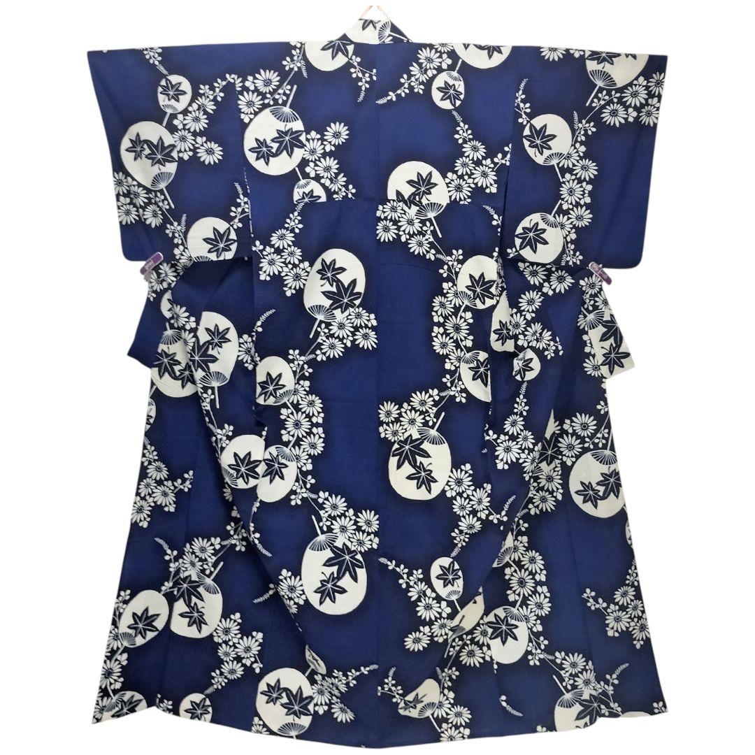 【浴衣】花に団扇模様　楓　藍染 注染　紺　青　ネイビー レトロ　古典 綿