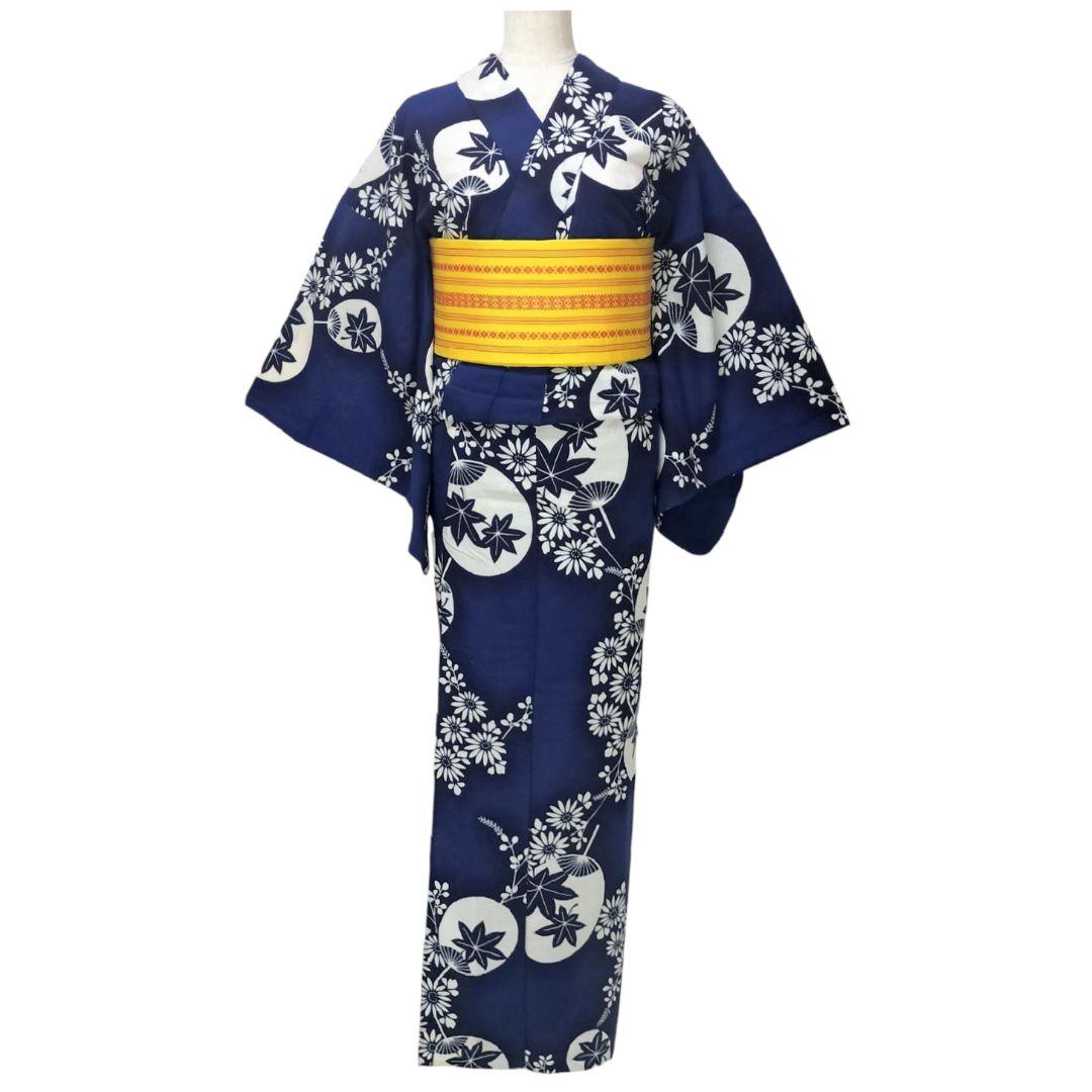 【浴衣】花に団扇模様　楓　藍染 注染　紺　青　ネイビー レトロ　古典 綿