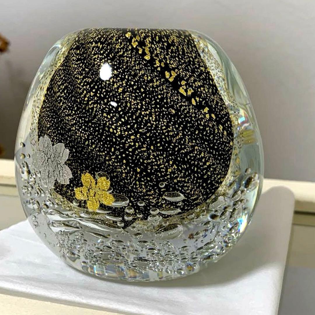 美品　黒木国昭　花器　桜流し　桜雨　金彩銀彩　クリスタル　花瓶　置物
