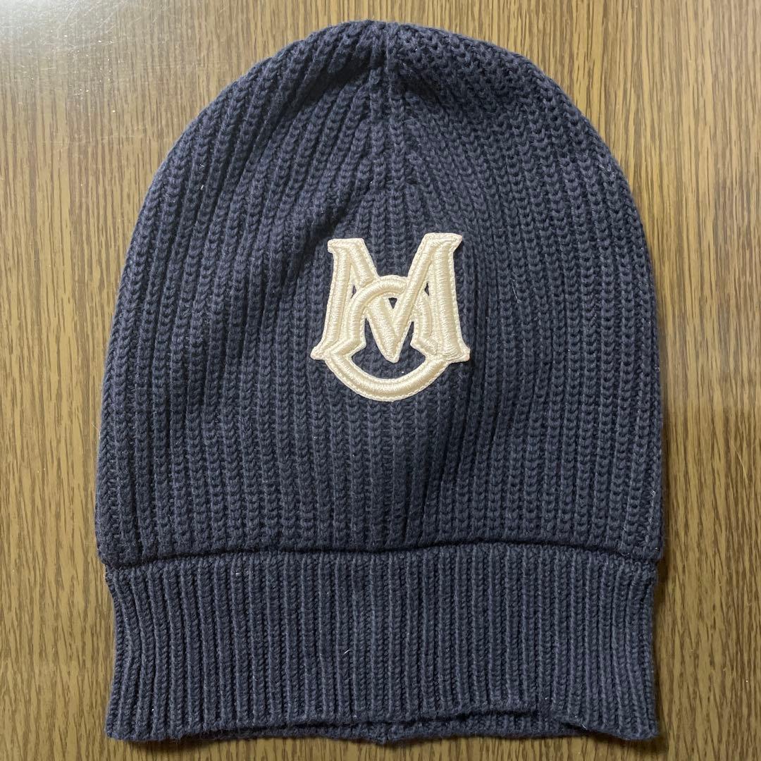 MONCLER ネイビー ニット帽両面ダブルロゴ、ユニセックス