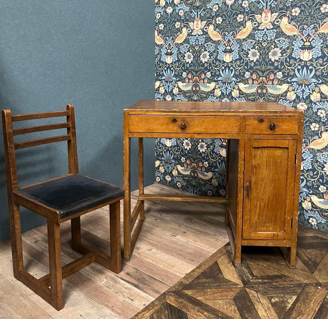 片袖机 デスク 椅子 セット 小ぶり 勉強机 昭和レトロ 当時物 インテリア