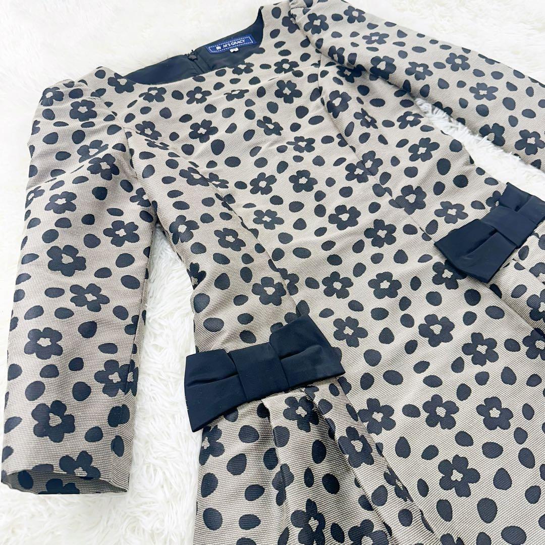 美品 エムズグレイシー ブラウン 花柄 ワンピース 38 M 七部袖〜長袖