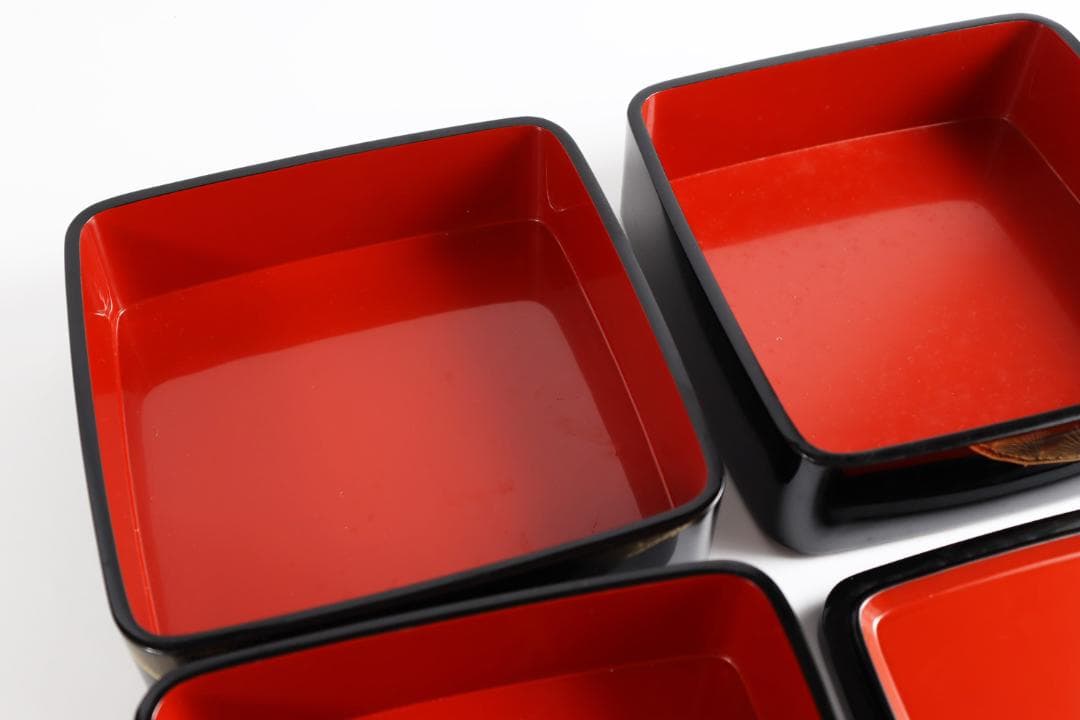 茶道具 輪島塗 三段重 黒 朱 松金 共箱 お重 重箱