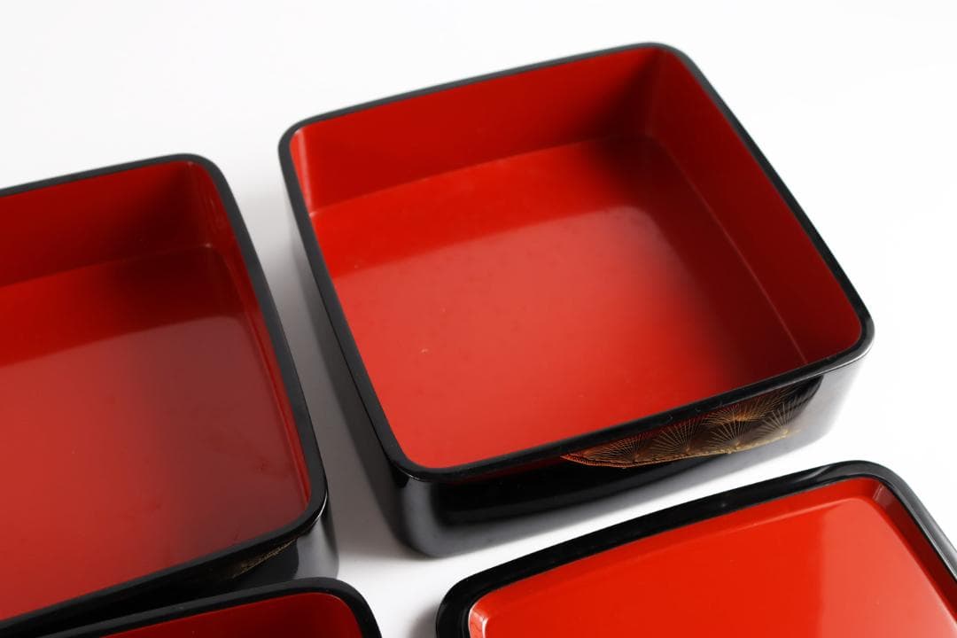 茶道具 輪島塗 三段重 黒 朱 松金 共箱 お重 重箱