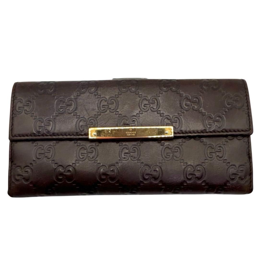 美品　グッチ　シマ レザー 長財布　メタルロゴ　Wホック　ブラウン