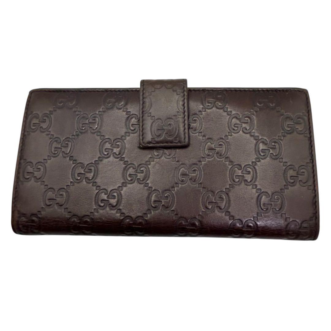 美品　グッチ　シマ レザー 長財布　メタルロゴ　Wホック　ブラウン