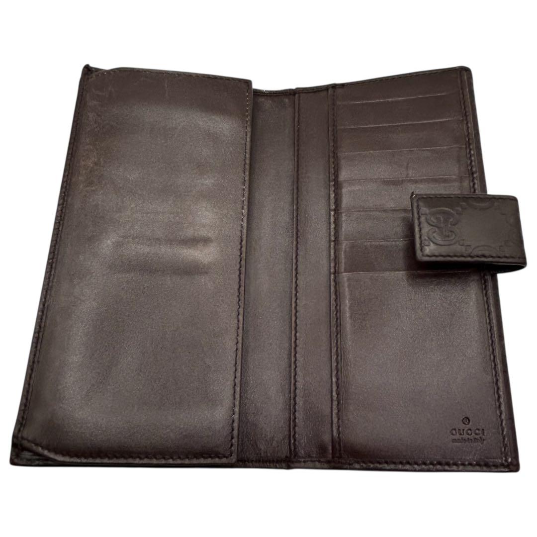 美品　グッチ　シマ レザー 長財布　メタルロゴ　Wホック　ブラウン