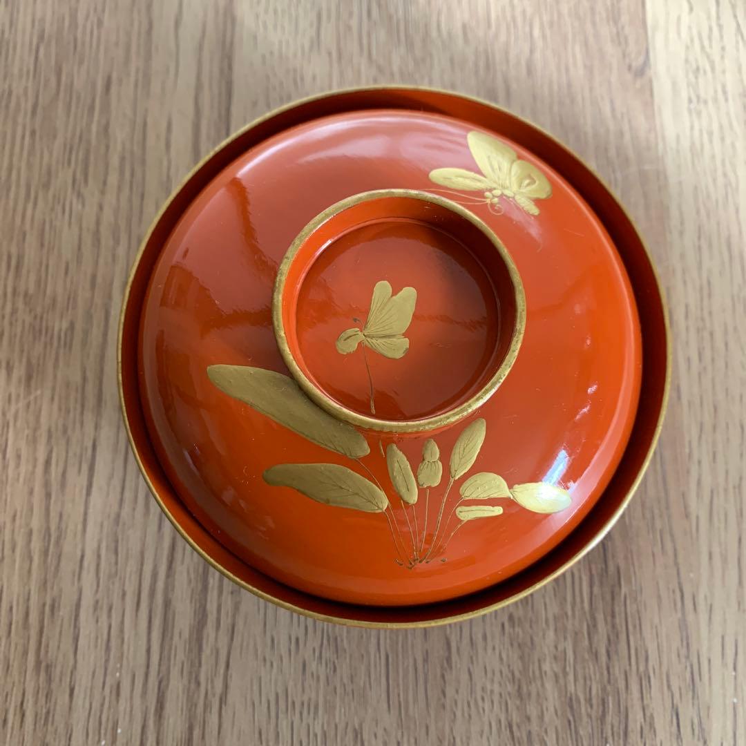 最終価格(9日迄) 輪島塗 沈金蒔絵吸物椀14客　大正3年　時代物　すみれと蝶々