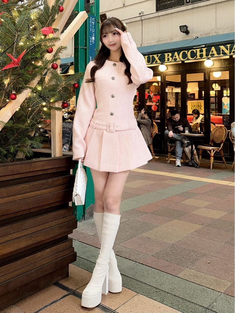 ダーリッチ ボックスプリーツツイードミニワンピース