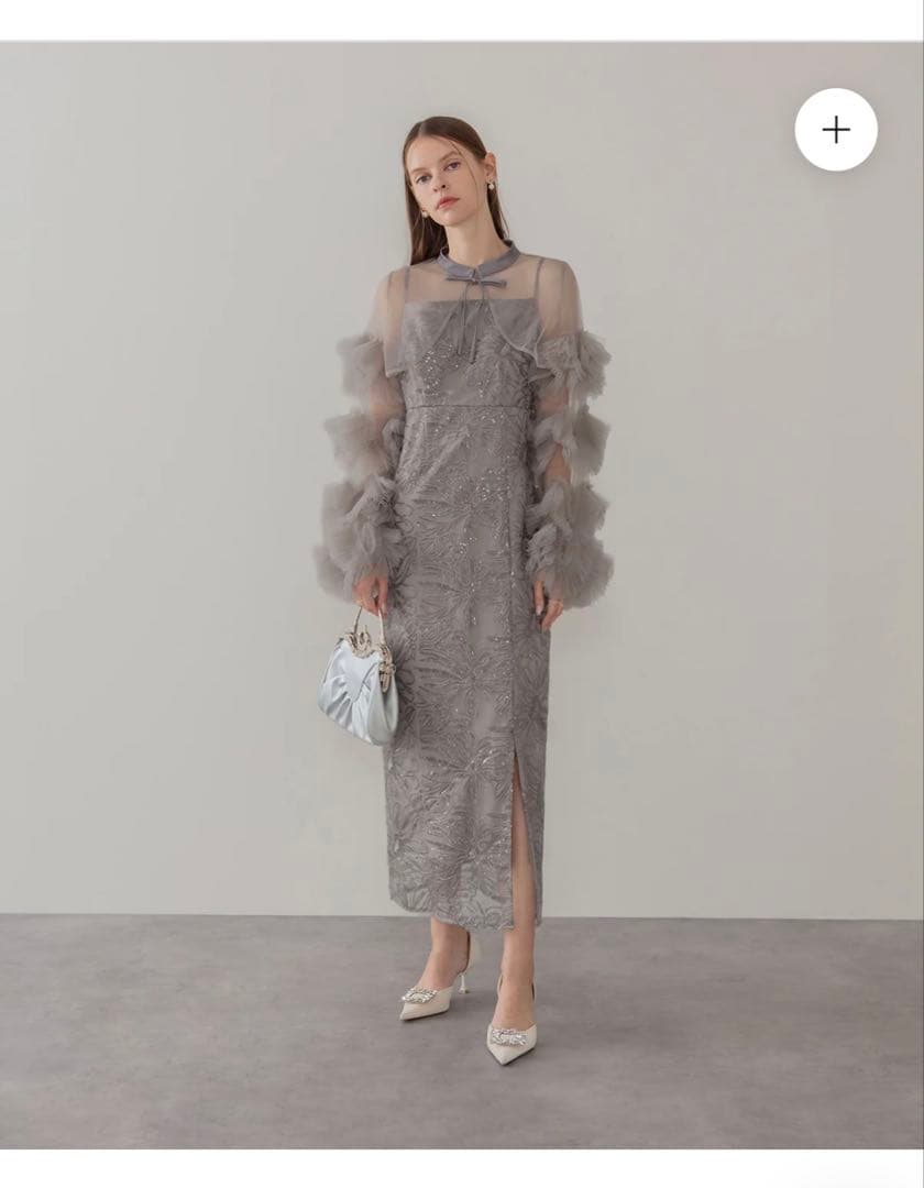 グレー シフォン シースドレス フリル袖