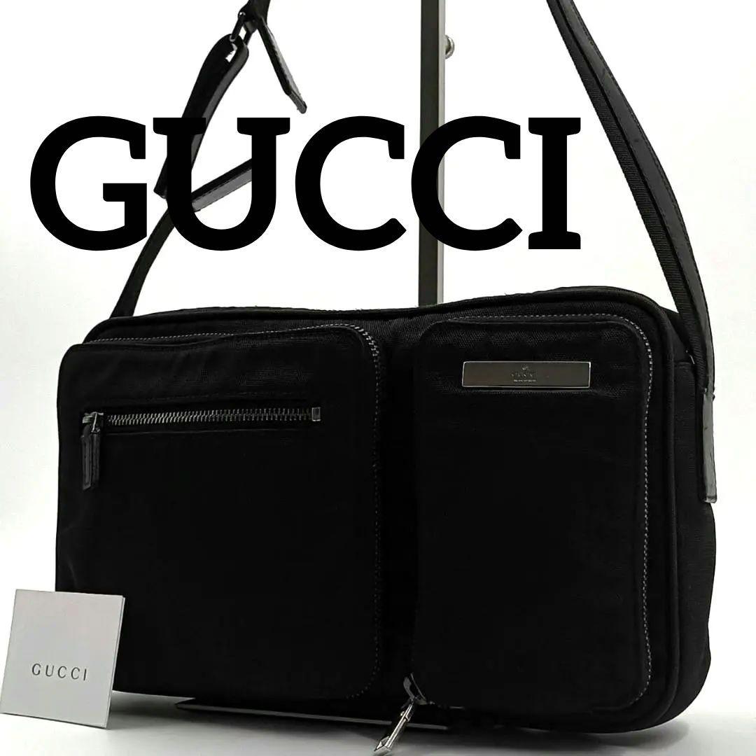 極希少 グッチ ショルダーバッグ ウエスト ボディ ロゴプレート ナイロン 黒