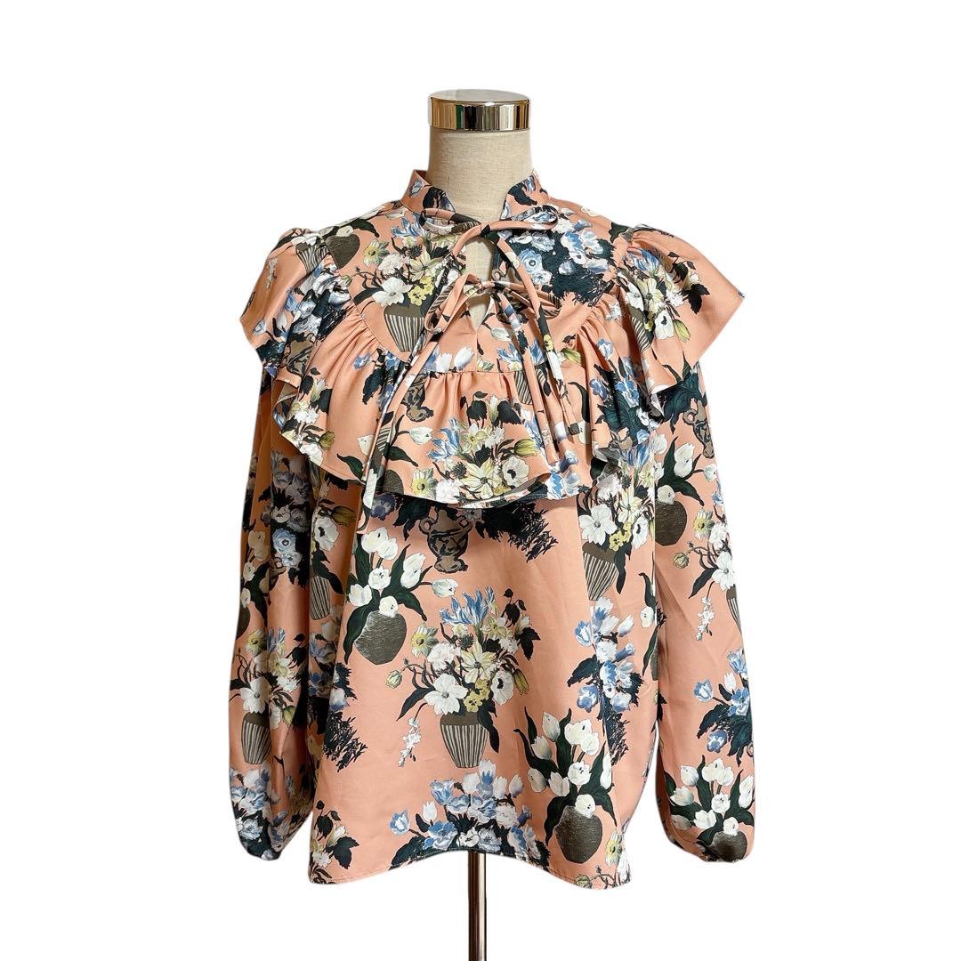 極美品 セブンテン ケイタマルヤマ 夜の花プリント ブラウス サーモンピンク