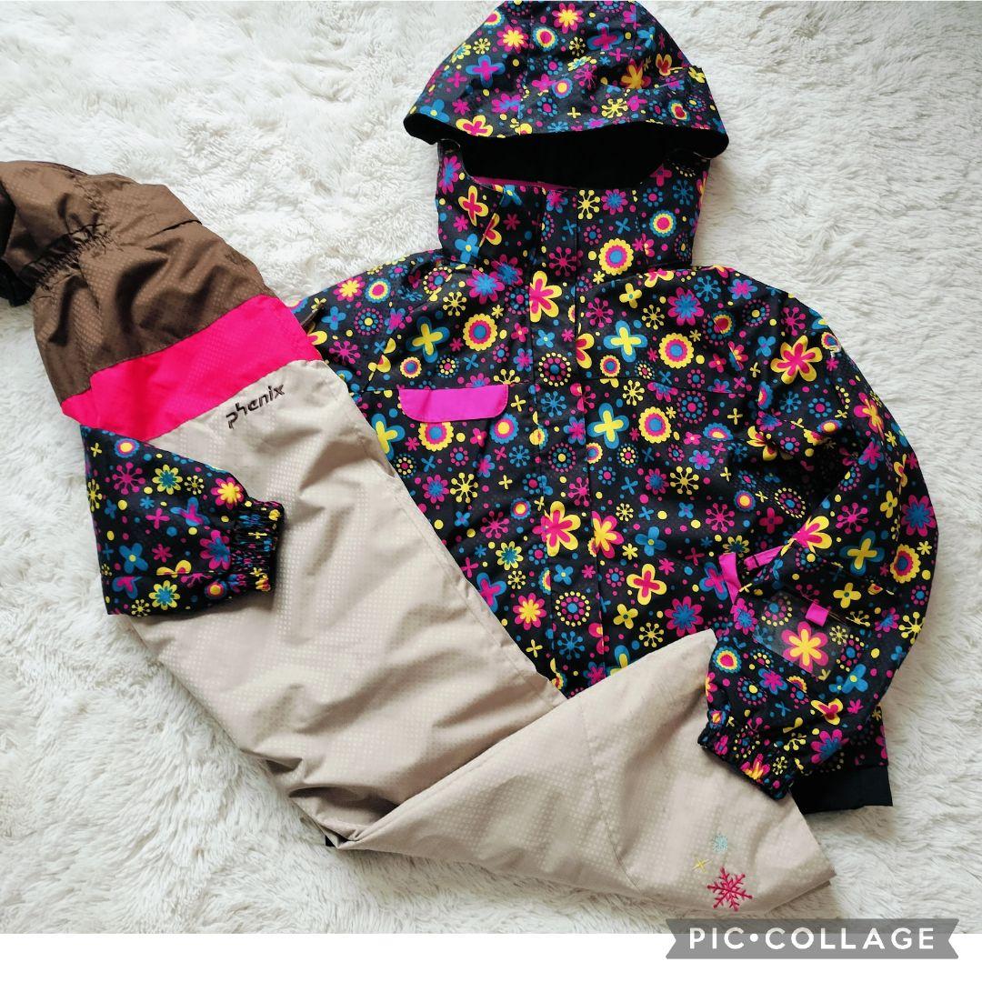 【美品】Phenix 女の子 スキーウェア 140 130調節 黒 花柄 上下